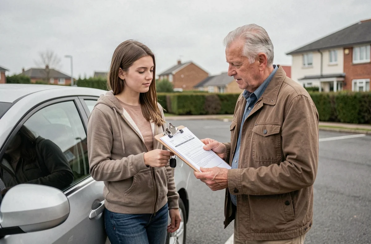 Un accompagnateur senior et une jeune candidate au permis de conduire vérifient ensemble un document PDF officiel sur un clipboard devant une voiture garée dans un parking résidentiel