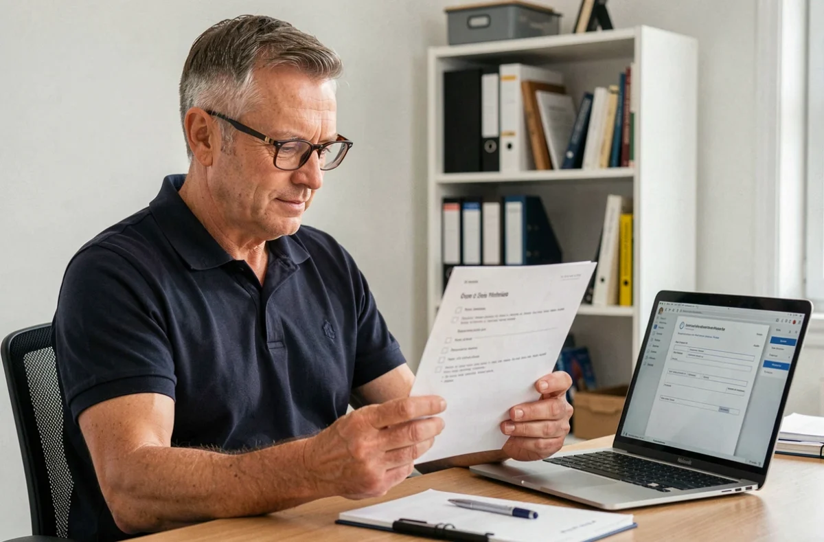 Un accompagnateur adulte consulte attentivement une liste de vérification du permis de conduire imprimée et un formulaire PDF ouvert sur ordinateur portable dans un bureau à domicile