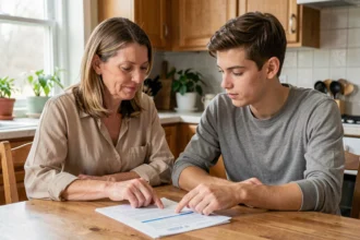 Une accompagnatrice et un jeune candidat au permis de conduire examinent ensemble un document PDF de vérification du permis sur une table de cuisine