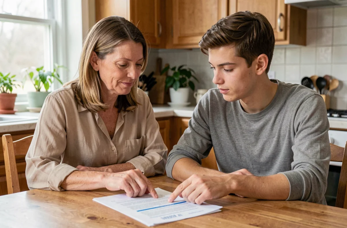 Une accompagnatrice et un jeune candidat au permis de conduire examinent ensemble un document PDF de vérification du permis sur une table de cuisine