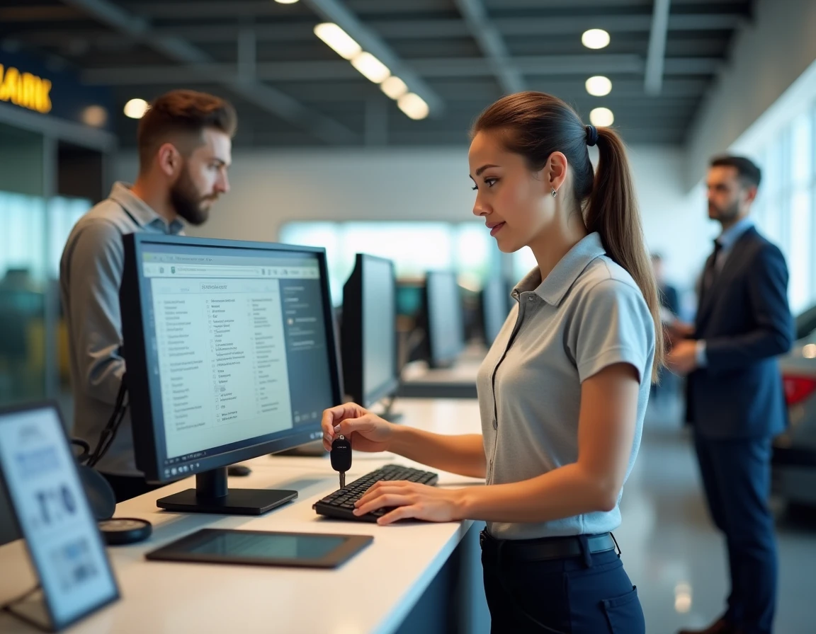 Conseillère service auto et client à l'accueil d'un garage consultant un logiciel de gestion de documents
