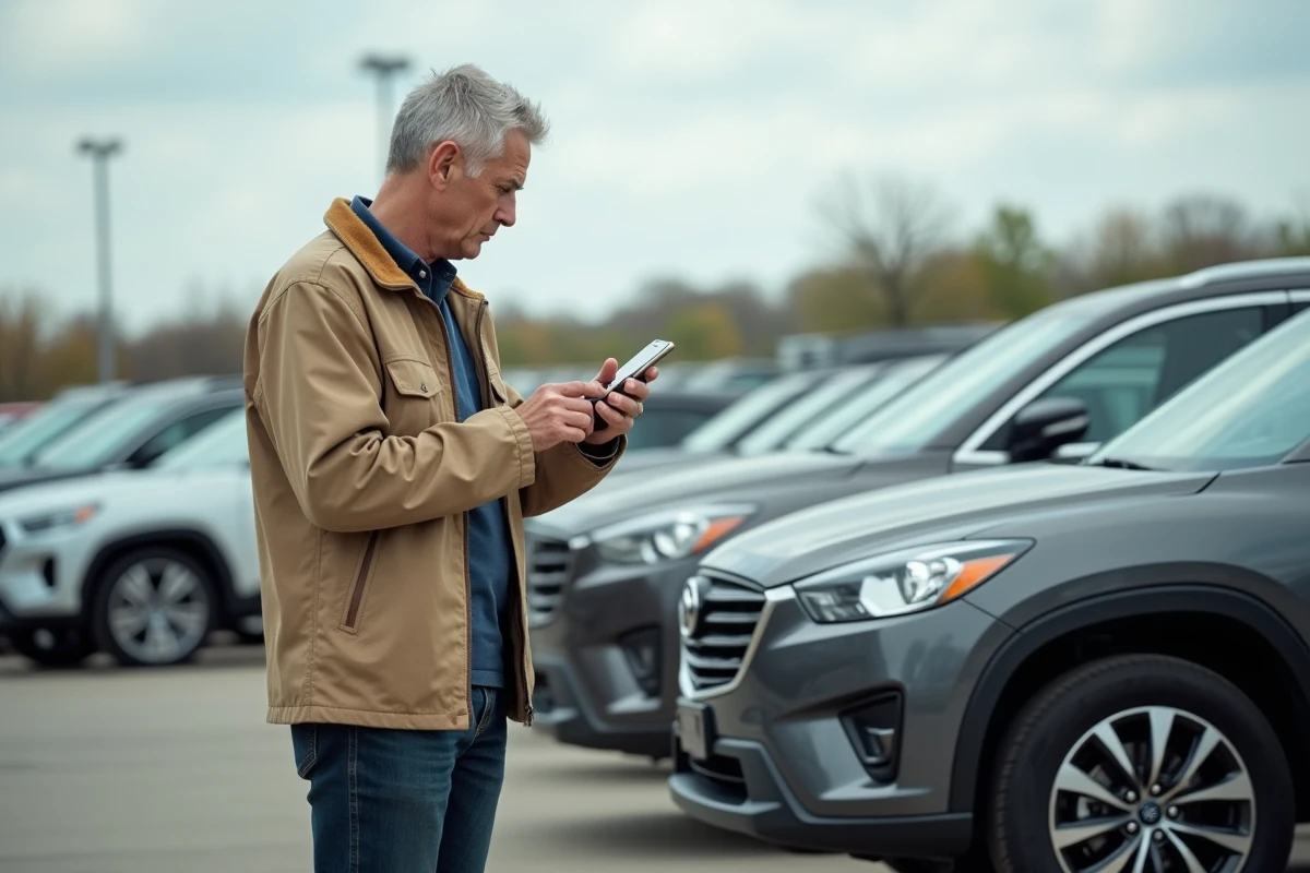 Acheteur de voiture d'occasion vérifiant l'historique d'un SUV avec l'application CarVertical dans un parking de concessionnaire