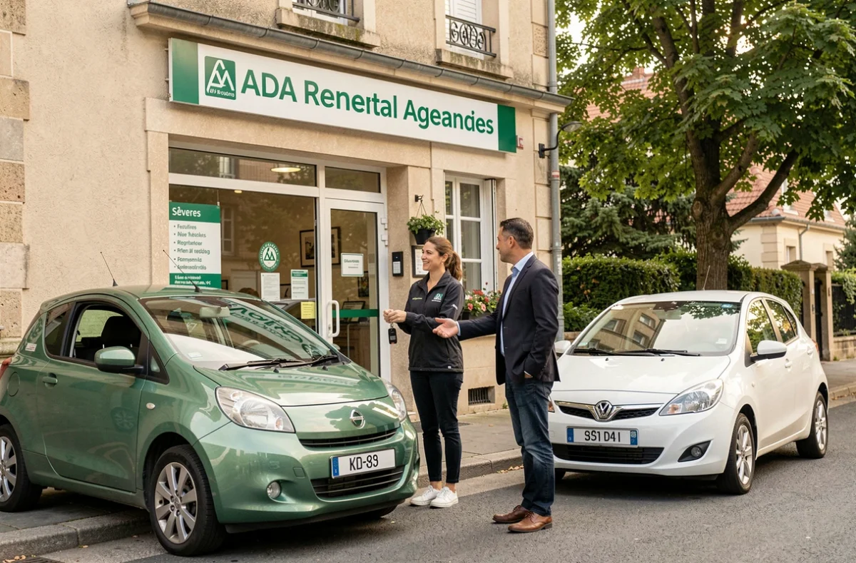 Une agente ADA à Sèvres remet les clés d'une voiture de location à un client devant la devanture verte de l'agence