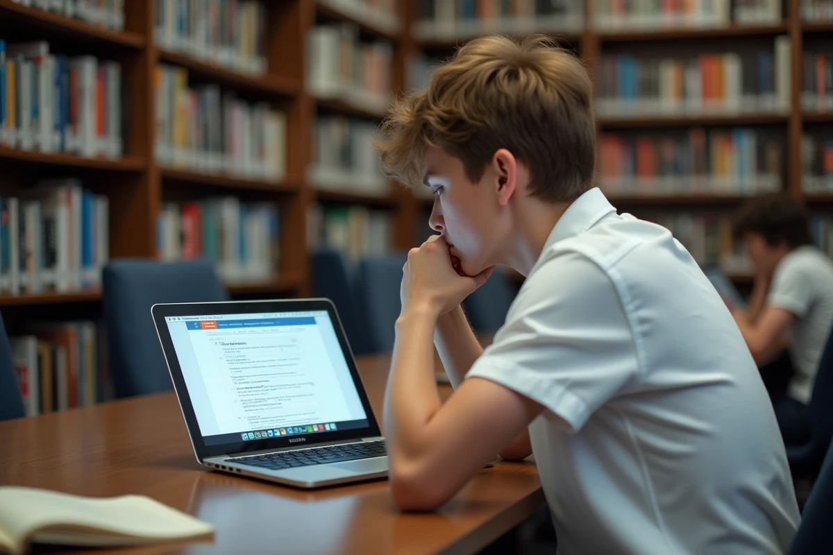 Adolescent révisant les 100 questions du permis de conduire PDF sur un ordinateur portable en bibliothèque