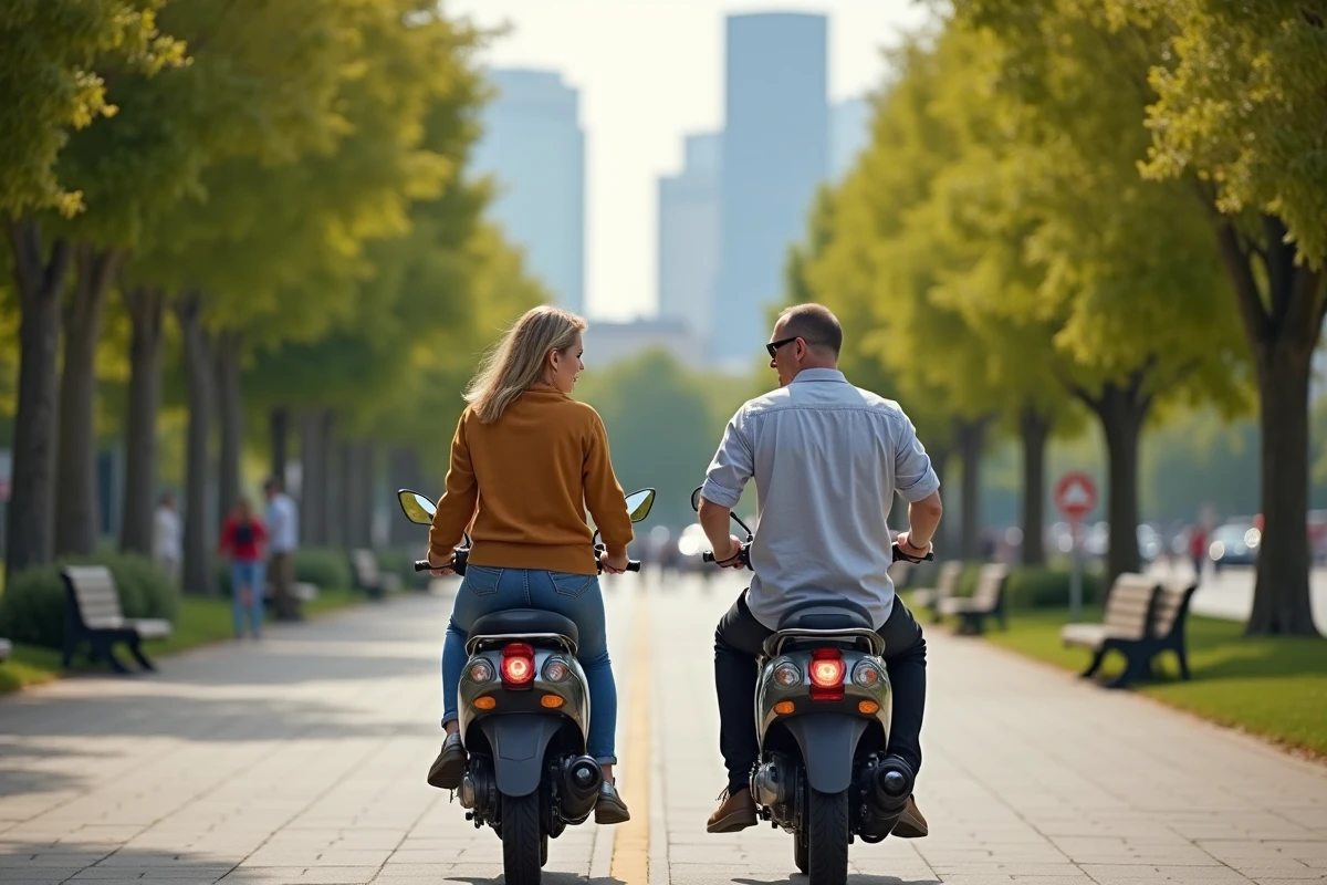 Adulte prêt à monter sur une moto BENDA 125 dans un parc urbain