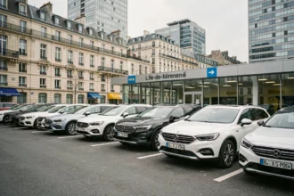 Vue d'ensemble d'une agence de location de voitures dans les Hauts-de-Seine avec plusieurs véhicules garés devant une façade vitrée moderne