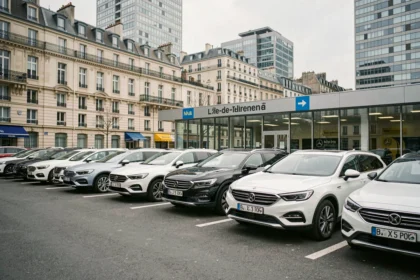 Vue d'ensemble d'une agence de location de voitures dans les Hauts-de-Seine avec plusieurs véhicules garés devant une façade vitrée moderne