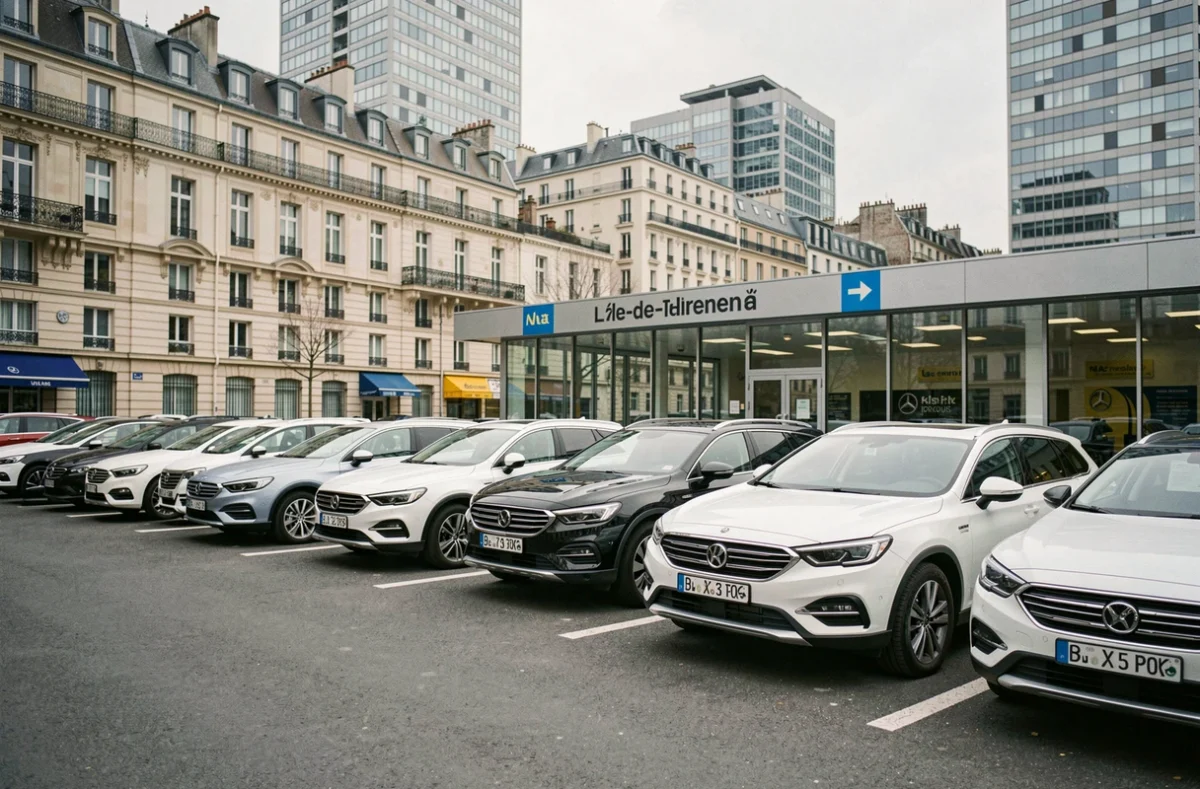 Vue d'ensemble d'une agence de location de voitures dans les Hauts-de-Seine avec plusieurs véhicules garés devant une façade vitrée moderne