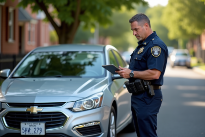 Agent de police examinant une plaque d'immatriculation