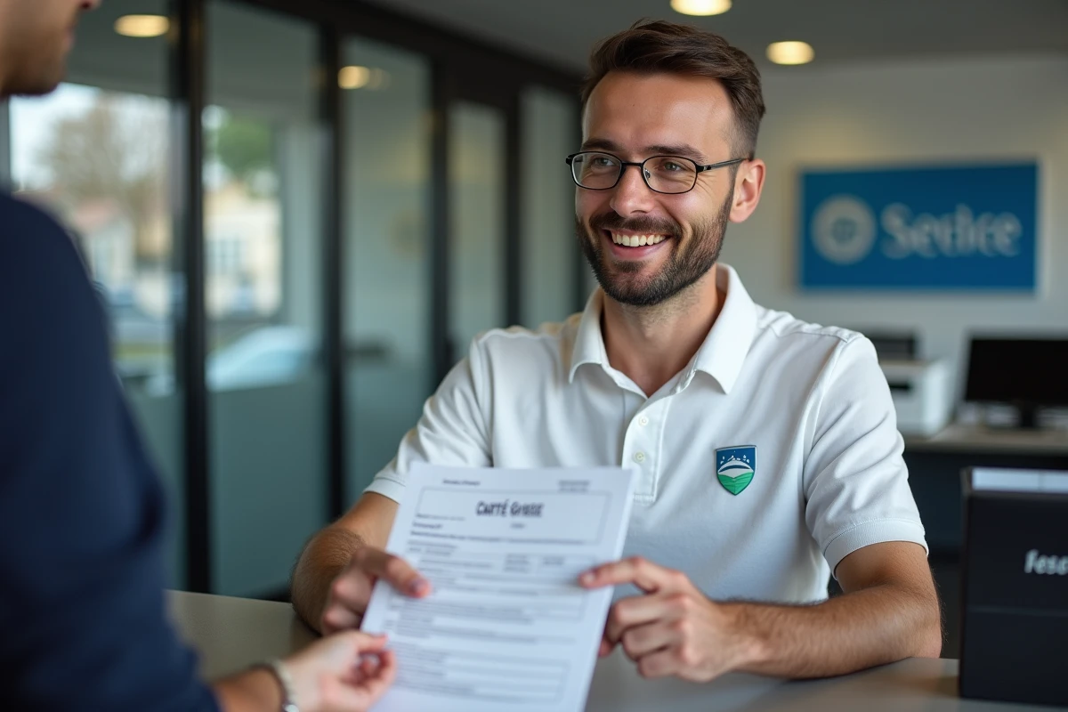 Agent d'un centre d'immatriculation remettant une carte grise à un client dans une agence proche de Houilles