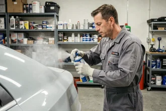 Technicien en combinaison grise appliquant du vernis carrosserie en bombe sur un panneau de voiture dans un atelier automobile propre