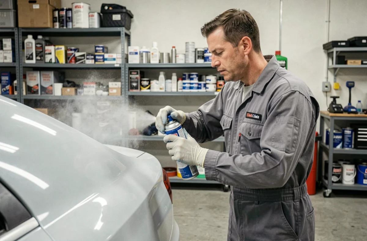 Technicien en combinaison grise appliquant du vernis carrosserie en bombe sur un panneau de voiture dans un atelier automobile propre