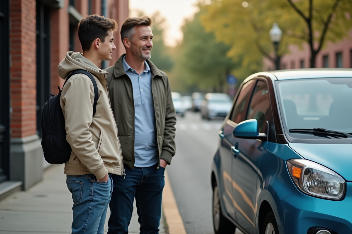 Jeune homme discutant avec un instructeur en ville