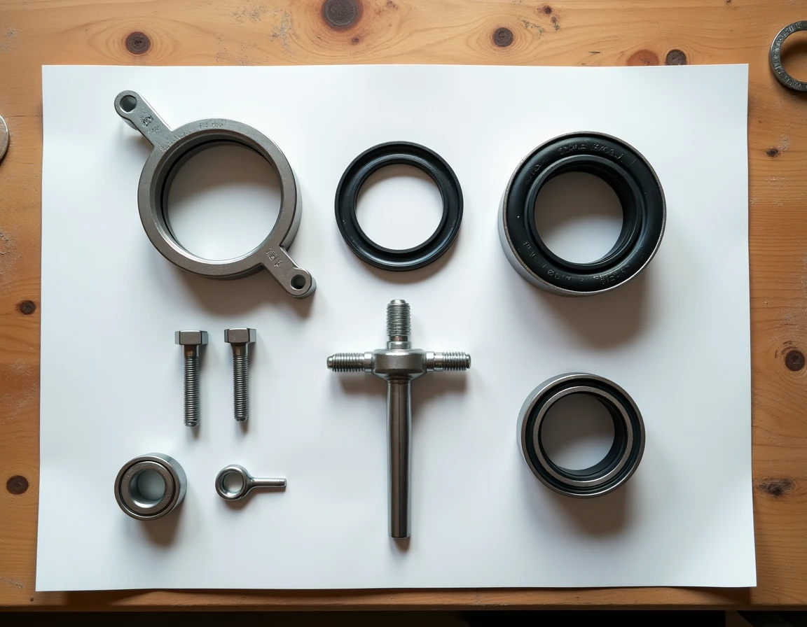 Assortiment de pièces détachées Erka pour remorque : roulements, joints, axe et visserie disposés en vue à plat