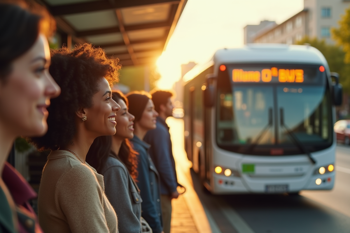 Groupe diversifié attendant un bus écologique près d