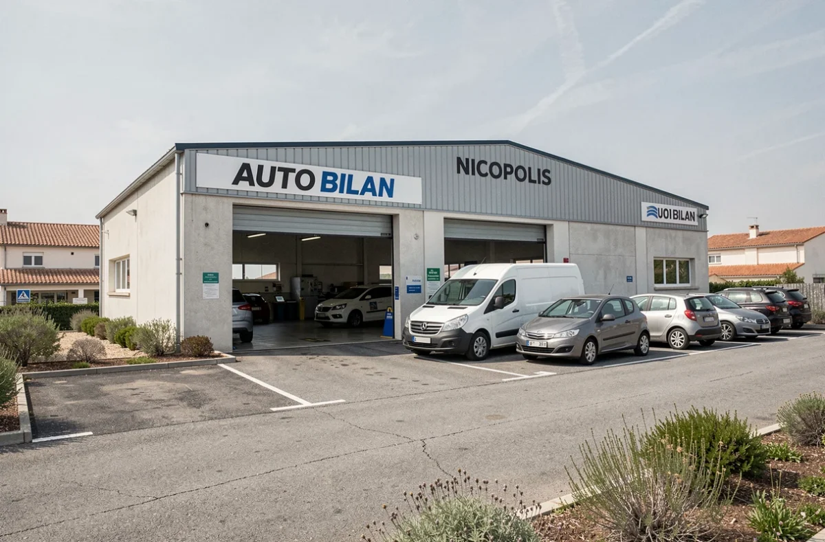 Façade extérieure du centre AUTO BILAN NICOPOLIS à Brignoles avec des véhicules garés devant l'entrée