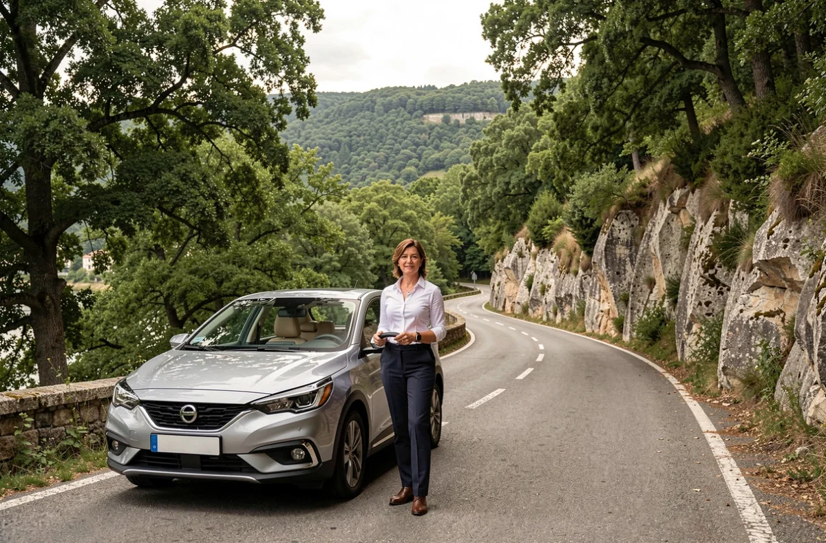 Monitrice de l'auto-école des Battières sur une route sinueuse boisée du 5e arrondissement de Lyon avec la colline verdoyante en arrière-plan
