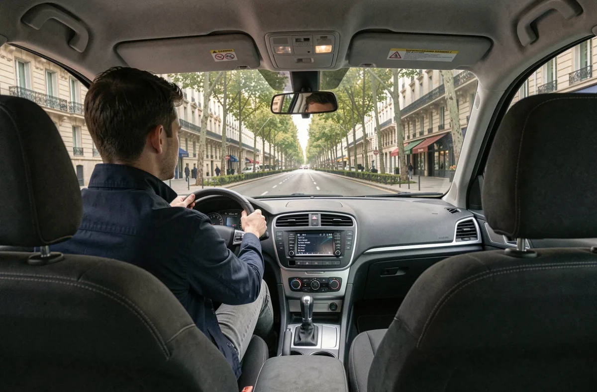 Un élève conduisant sur un boulevard arboré du quartier des Brotteaux dans le 6e arrondissement de Lyon lors d'une leçon de l'auto-école des Brotteaux