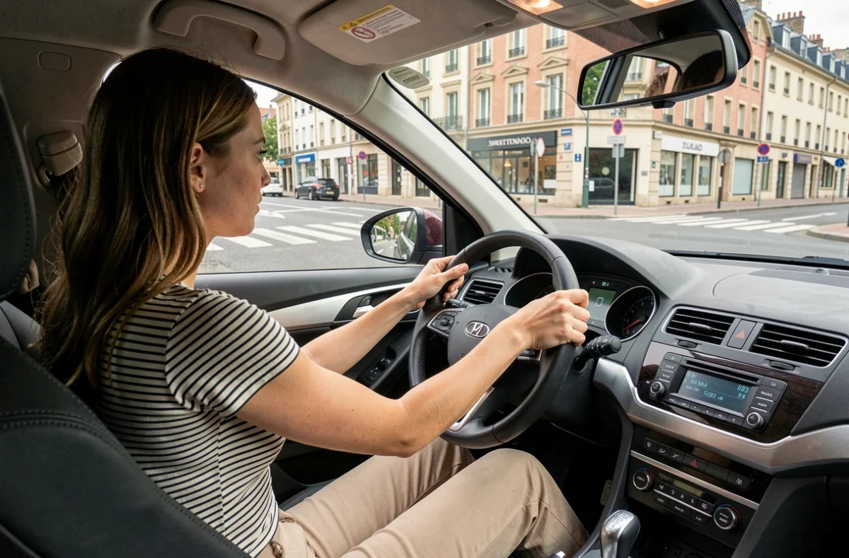 Une étudiante concentrée au volant lors d'une leçon de conduite de l'auto-école Grand Test dans le 8e arrondissement de Lyon