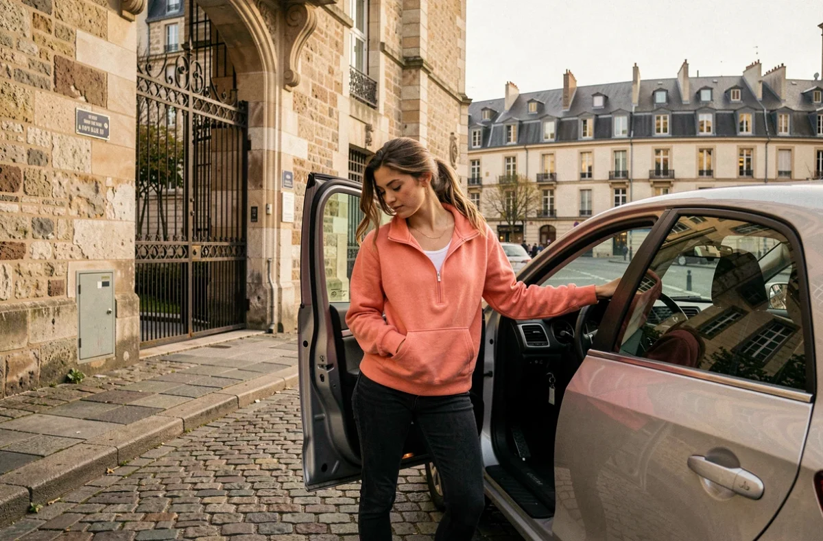 Une élève de l'auto-école Lyon 5ème effectuant une manœuvre de stationnement dans une rue pavée pittoresque du 5e arrondissement de Lyon