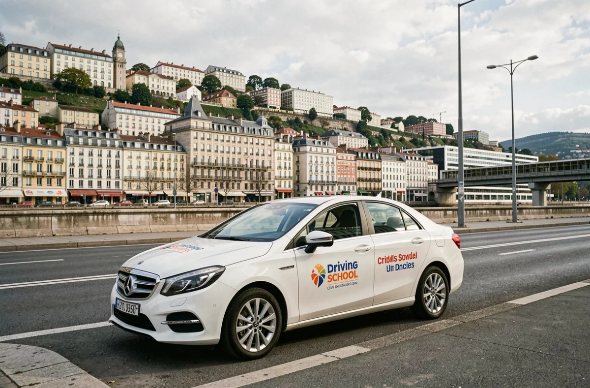 Une voiture de l'auto-école Marietton aux couleurs de l'école garée dans une artère lyonnaise représentant la présence multi-sites de l'établissement à Lyon