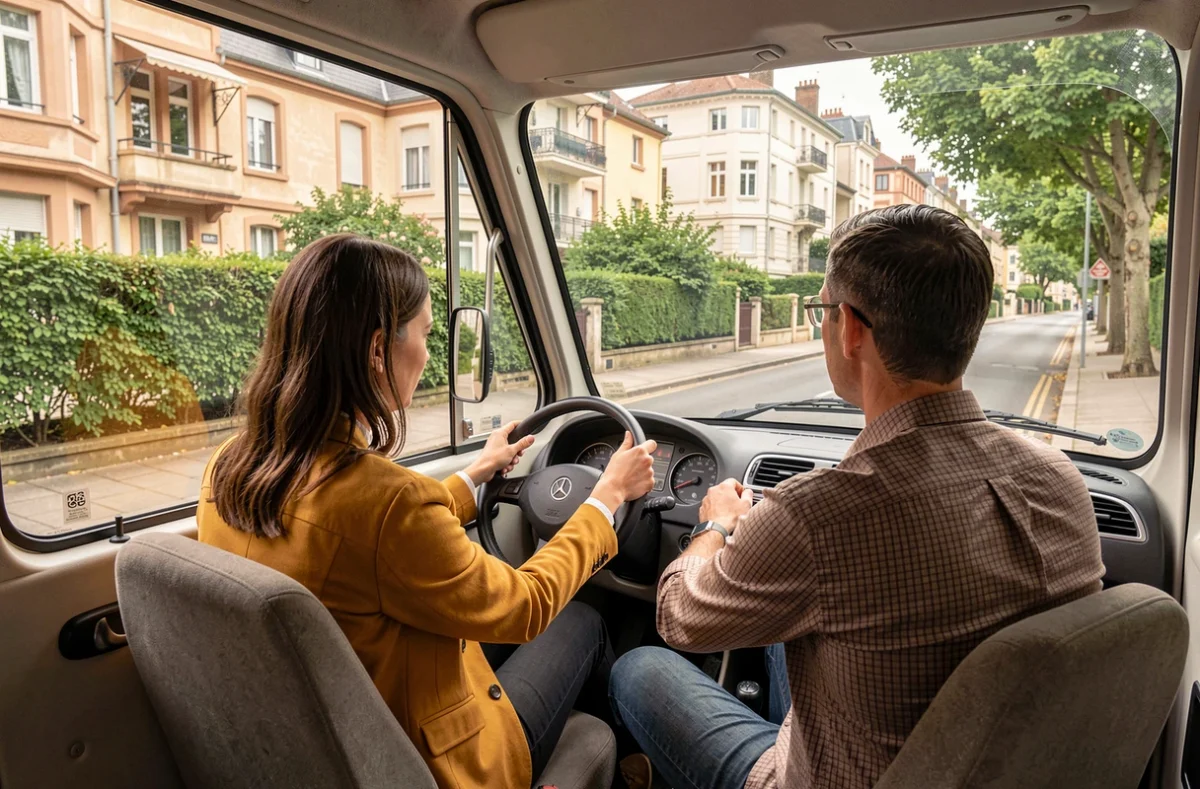 Une élève de l'auto-école de Montchat conduite dans une rue résidentielle calme du 3e arrondissement de Lyon avec les maisons typiques du quartier Montchat en arrière-plan