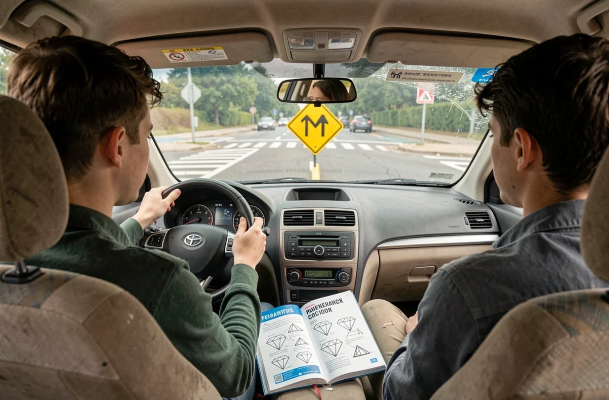 Moniteur d'auto-école et élève conducteur observant un panneau losange jaune à une intersection