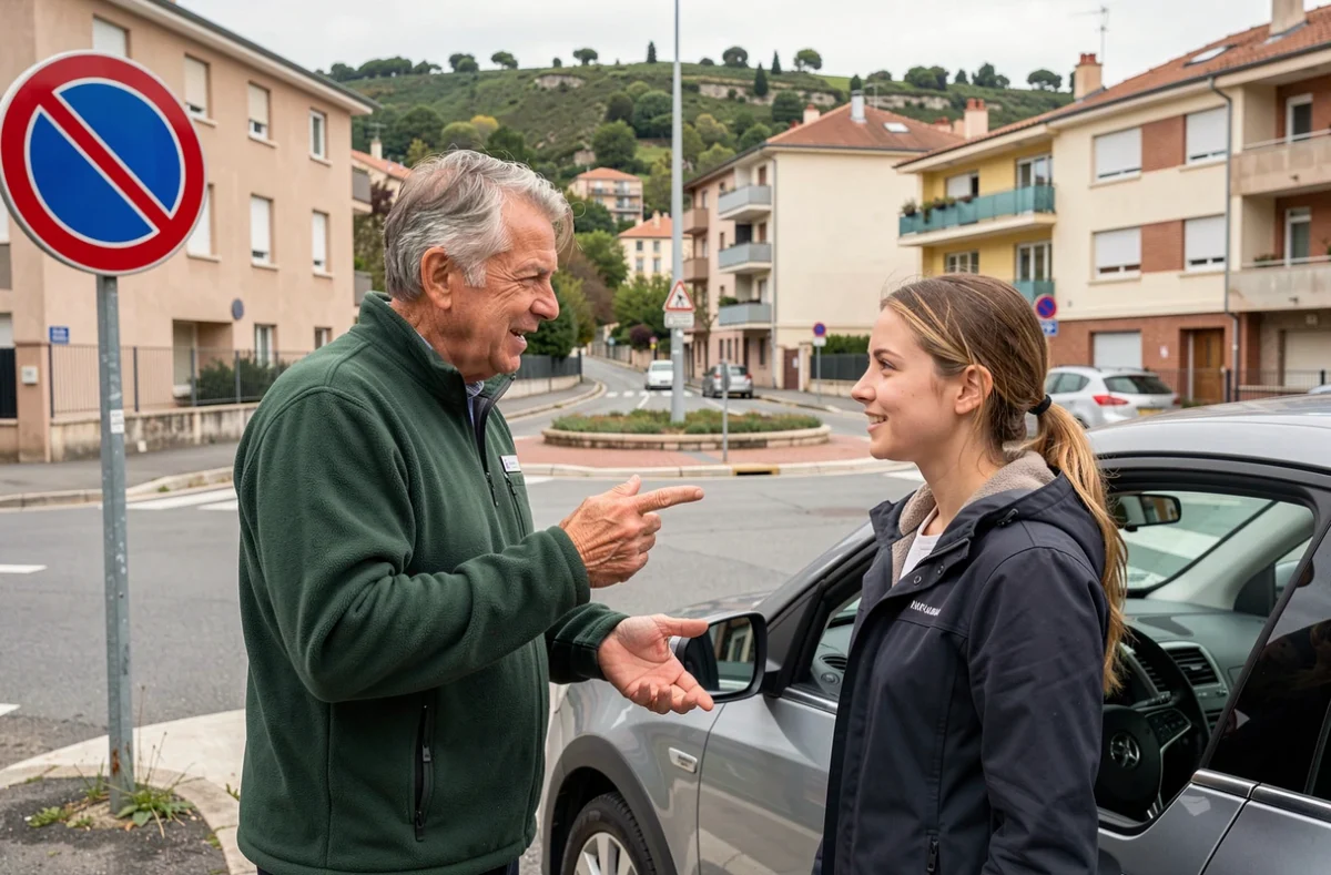 Un moniteur de l'auto-école Transmission expliquant un panneau de signalisation à une élève dans le 9e arrondissement de Lyon