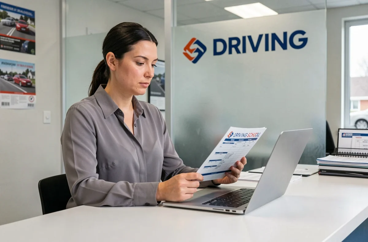 Femme employée d'auto-école comparant une liste de vérification PDF de permis avec un ordinateur portable