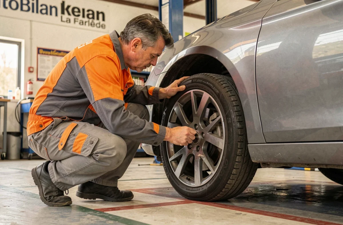 Technicien en uniforme orange inspectant les freins d'une berline grise au centre AutoBilan La Farlède