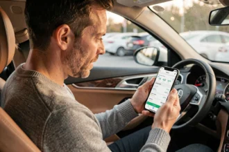 Automobiliste consultant le site Zeperf sur son smartphone depuis l'habitacle de sa voiture pour évaluer la fiabilité du service