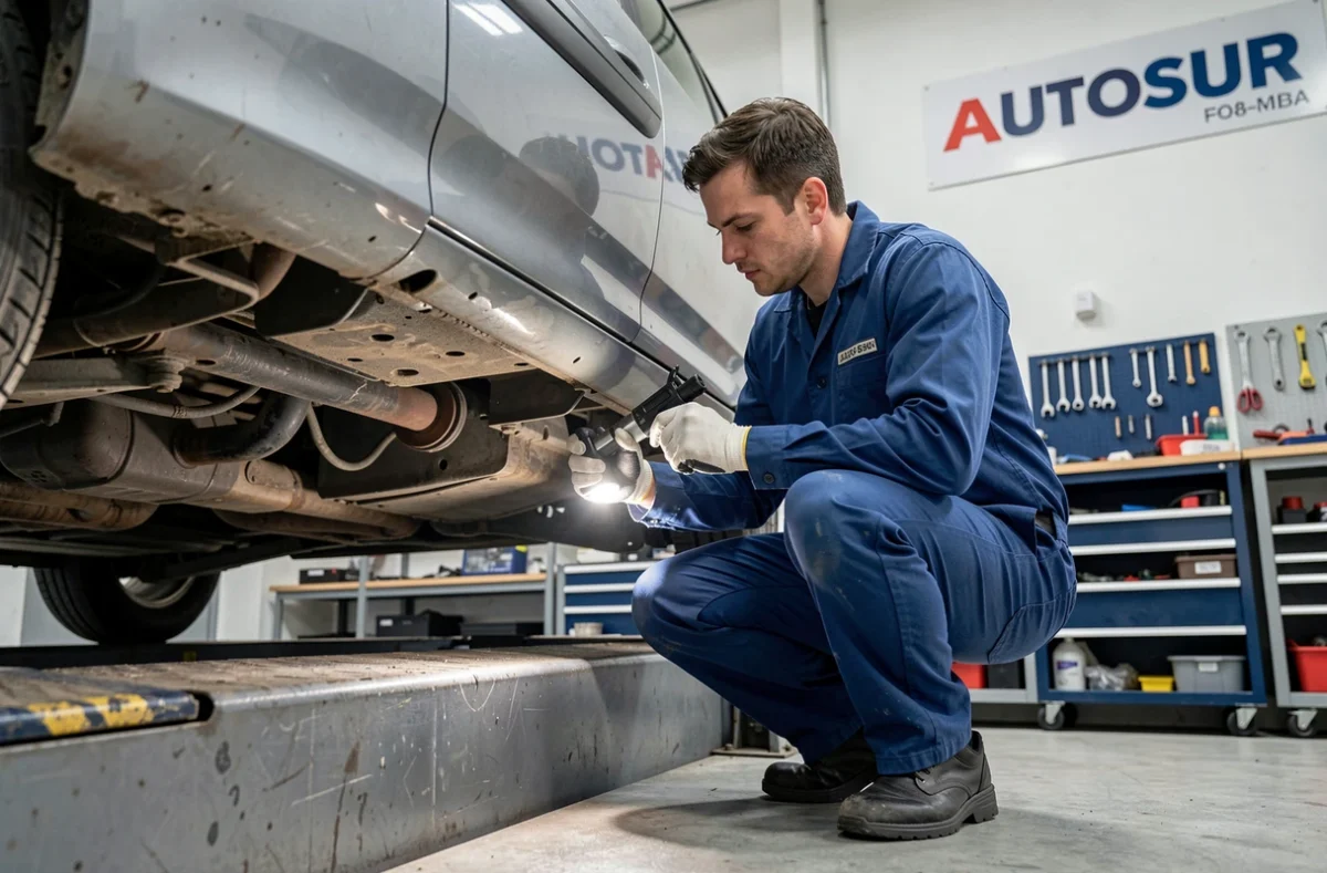 Technicien en uniforme effectuant un contrôle technique sous un véhicule au centre AUTOSUR de Montauroux
