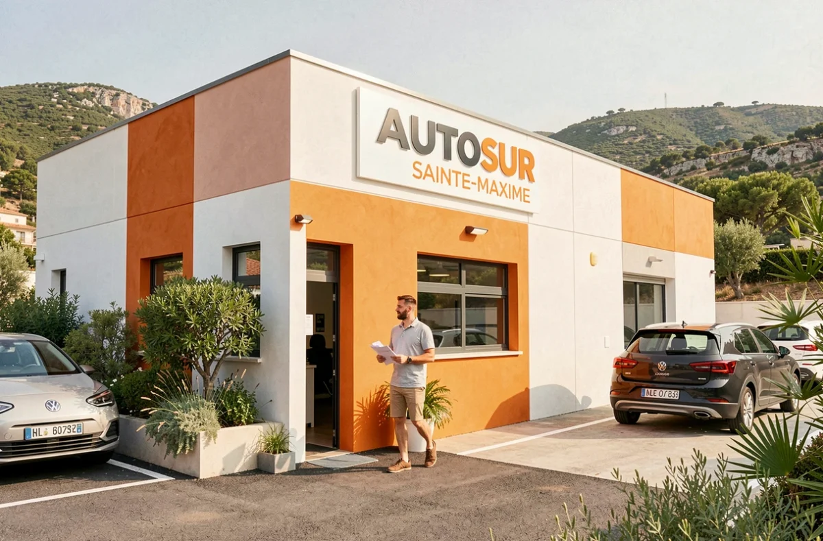 Façade extérieure du centre AUTOSUR de Sainte-Maxime avec végétation méditerranéenne et un client entrant