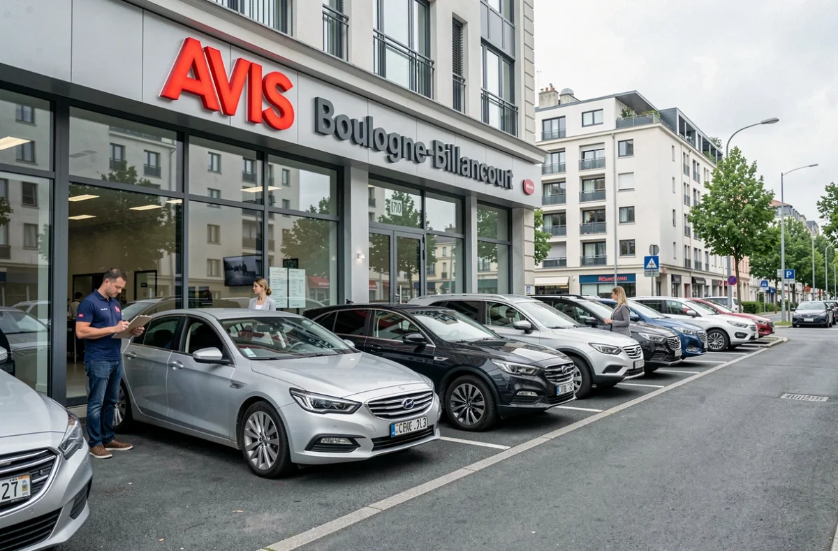 Façade de l'agence Avis à Boulogne-Billancourt avec des véhicules garés devant et un employé effectuant l'état des lieux
