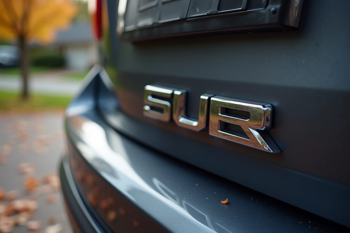 Gros plan sur le badge et le logo d'un SUV type Toyota Traverse sur le hayon arrière avec détails chromés et texture de carrosserie