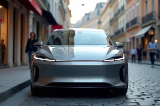 Berline électrique chinoise moderne garée dans une rue européenne pavée, vue en perspective trois quarts avant