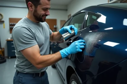 Homme en gants nitrile préparant une bombe de peinture pour carrosserie pour réparer des rayures sur une voiture bleue marine dans un garage