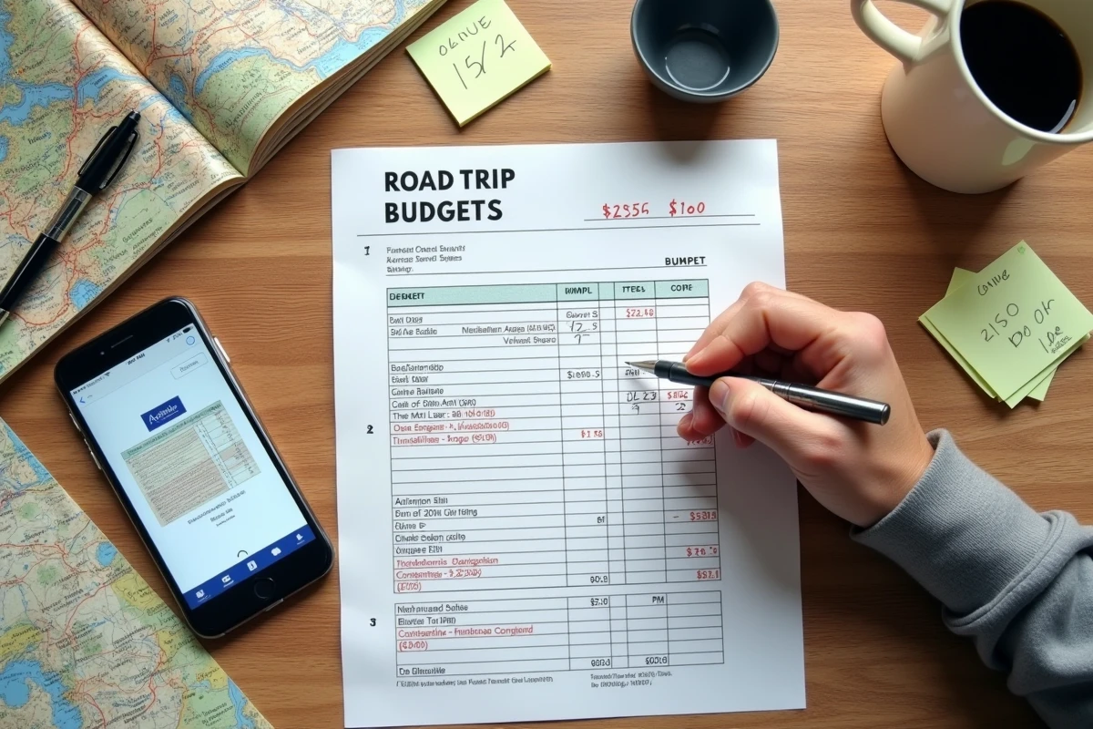 Bureau avec feuille de calcul de budget trajet autoroute, ticket de péage et carte routière pour planifier les coûts