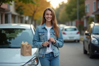 Jeune femme souriante tenant ses clés de voiture à côté de sa première voiture compacte, avec un cadeau posé sur le capot