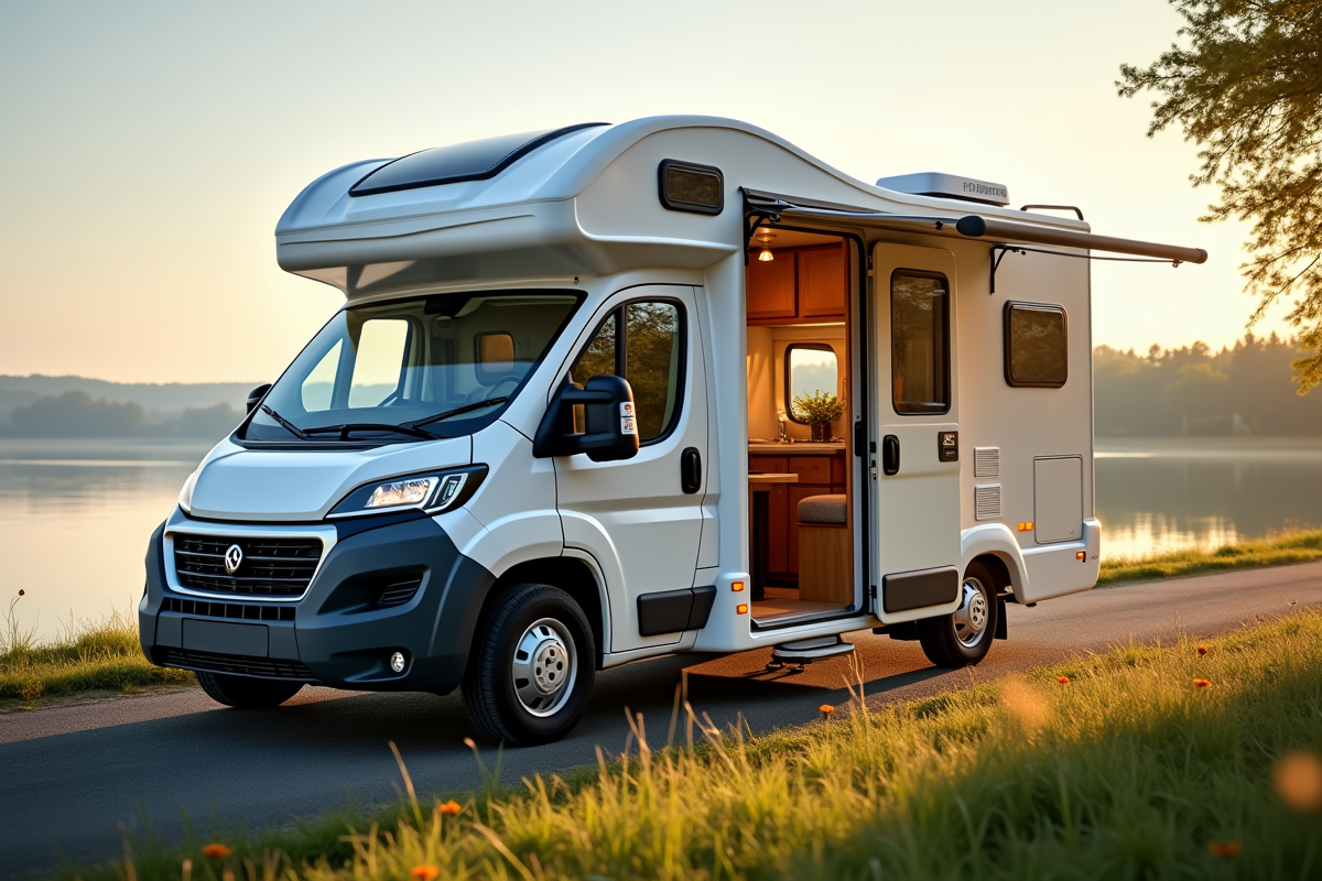Camping-car moderne au bord du lac en journée avec intérieur cosy