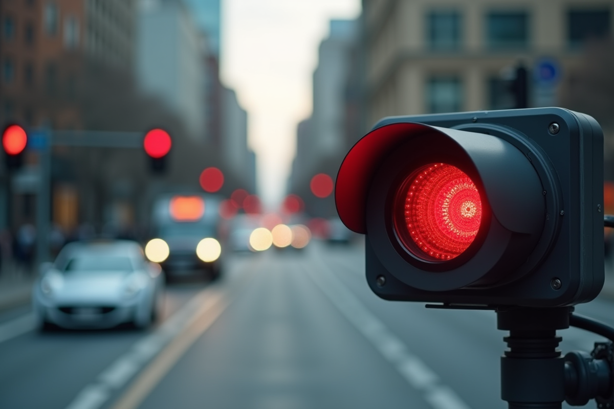 Zoom sur une caméra de circulation capturant un véhicule au feu rouge