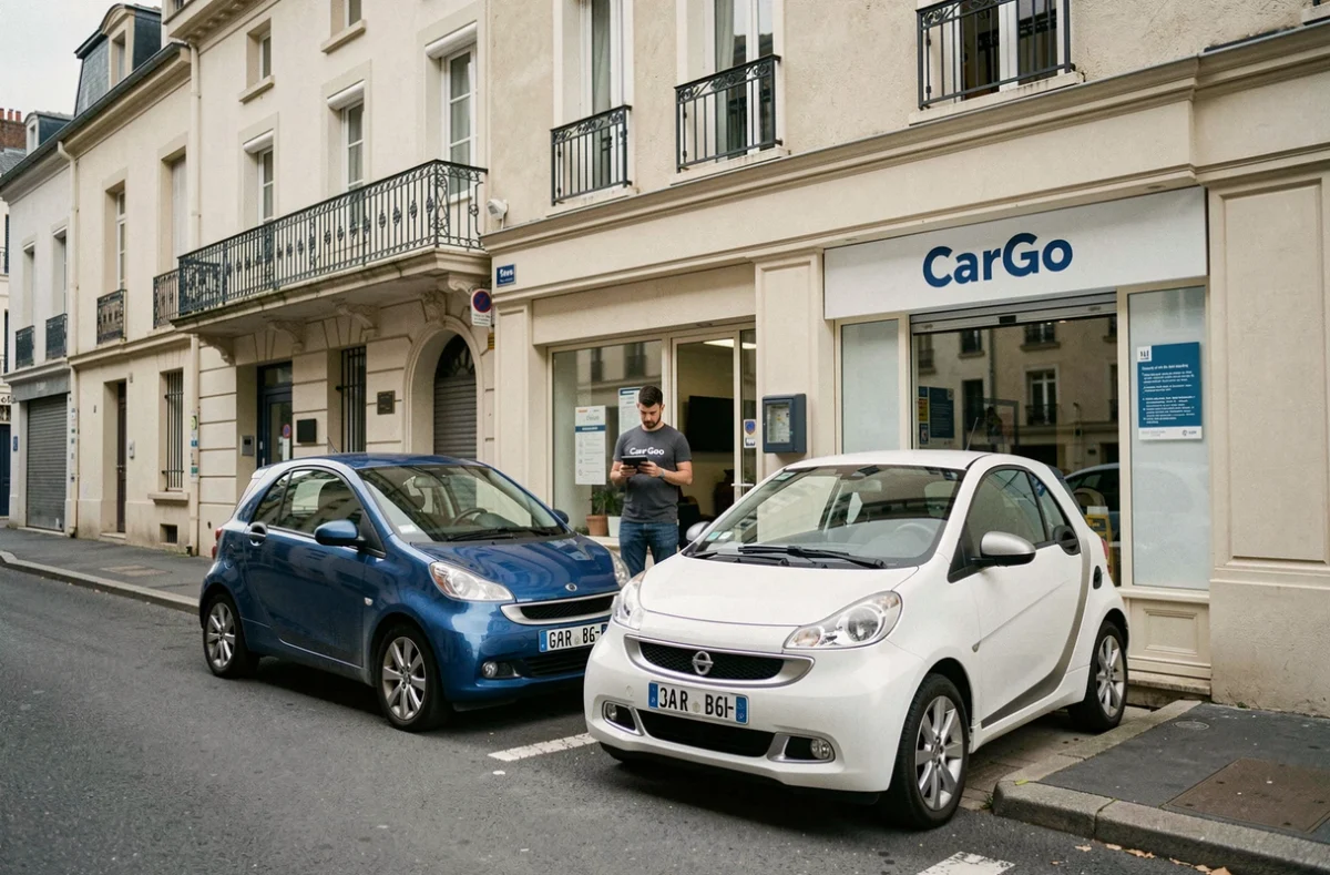 Devanture de l'agence CarGo à La Garenne-Colombes avec des voitures compactes garées sur le trottoir devant l'enseigne