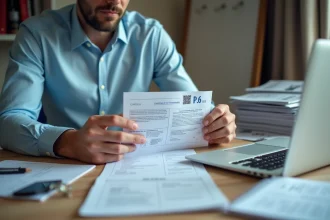 Homme tenant une carte grise française et pointant la case P.6 des chevaux fiscaux à son bureau