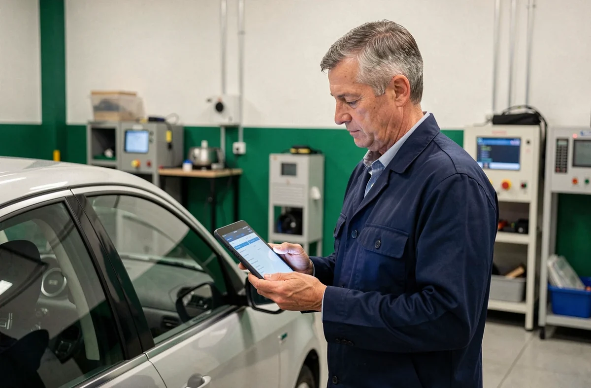 Technicien du Centre de Contrôle Hermitte à La Seyne-sur-Mer utilisant une tablette de diagnostic lors d'un contrôle