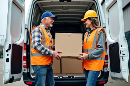 Homme et femme chargent des cartons dans un camion blanc