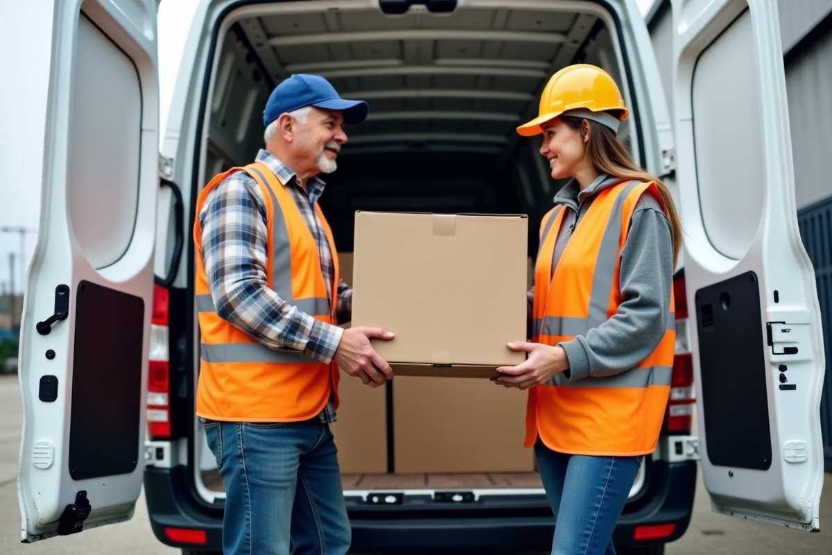 Homme et femme chargent des cartons dans un camion blanc