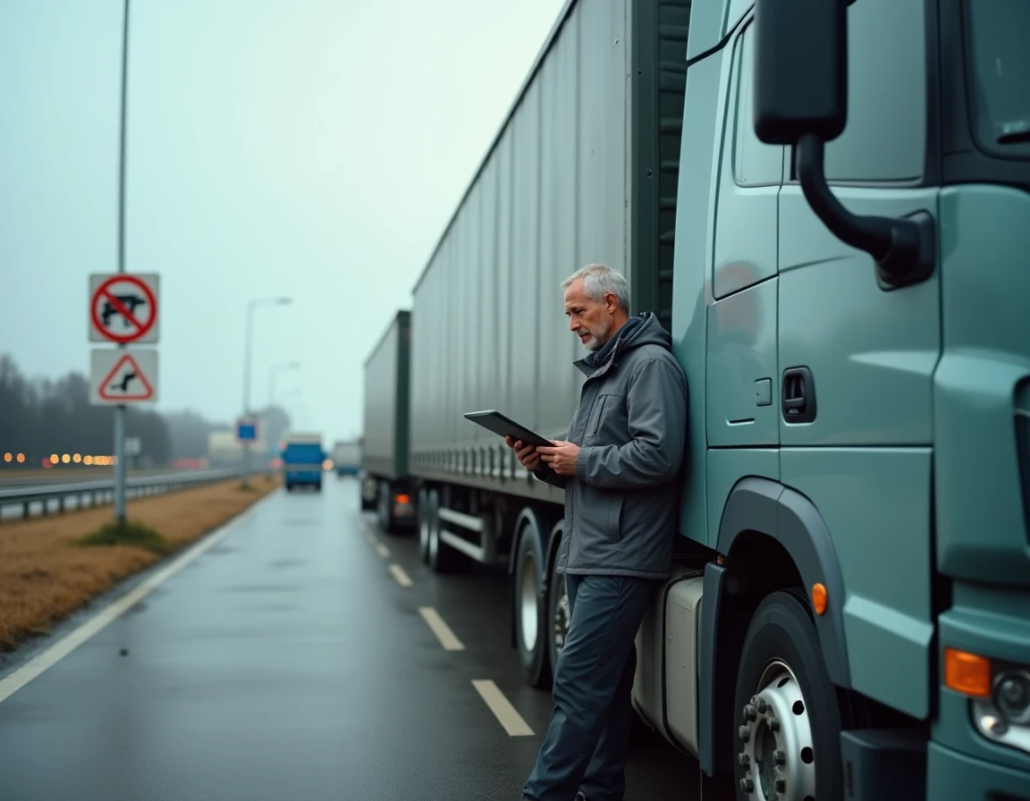 Chauffeur de poids lourd consultant une application de navigation pour contourner une interdiction de circulation