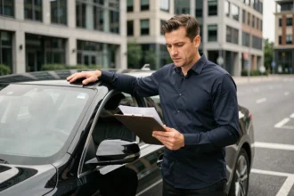Chauffeur VTC professionnel évaluant la valeur de son véhicule professionnel noir avec des documents d'estimation