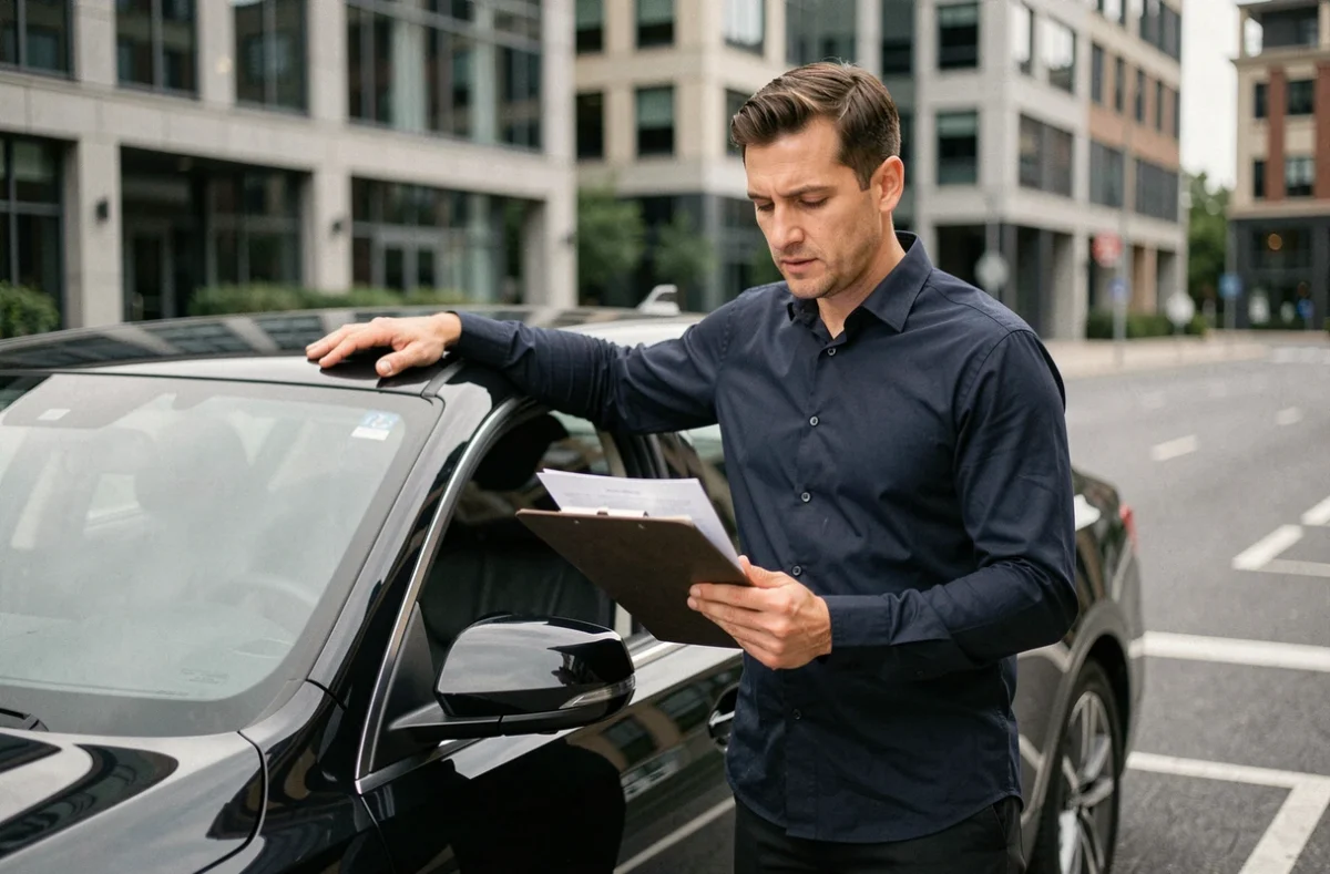 Chauffeur VTC professionnel évaluant la valeur de son véhicule professionnel noir avec des documents d'estimation