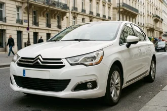 Citroën C4 blanche garée dans une rue parisienne vue de trois quarts avant